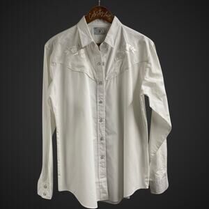Country Charmers By Ely Size XL Embroidered White Pearl Snap Cowboy Shirt